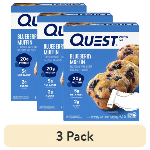 (3 Pack)  Protein Bar, Blueberry Muffin Flavor, 20G of Protein, Gluten Free, 4 Count
